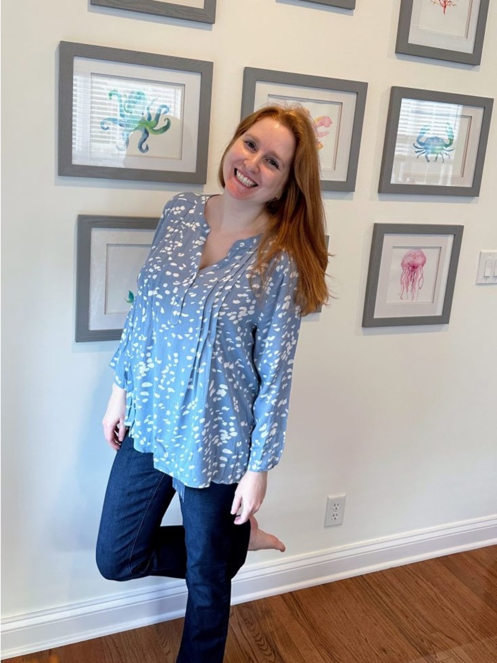 Womens Light Blue Printed Peasant Blouse with Tie Neck